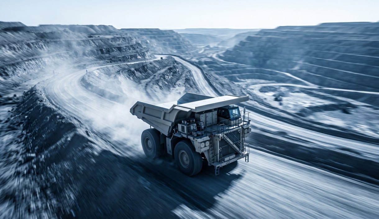Mining industry: a giant mining haul truck climbing a terraced open-pit mine road