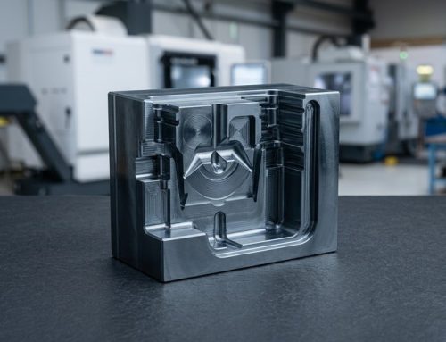 Hard milled mold cavity block in tool steel on worktable