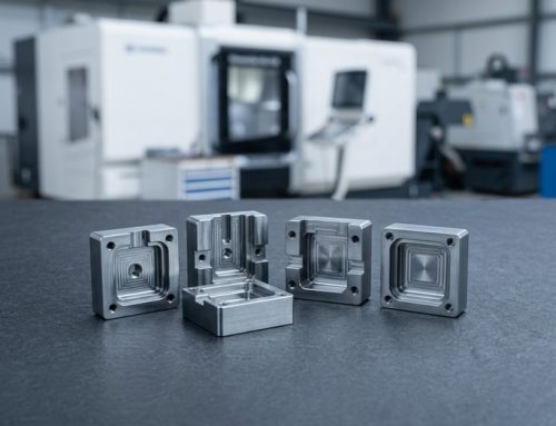 CNC milled and wire-cut mold inserts on dark worktable