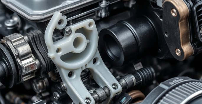 Nylon PA66 GF30 bracket installed in automotive engine bay