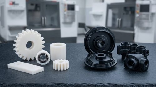 Nylon vs Delrin CNC machined parts compared on dark worktable