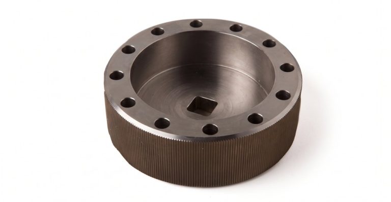 CNC-machined metal flange with bolt holes and knurled edge