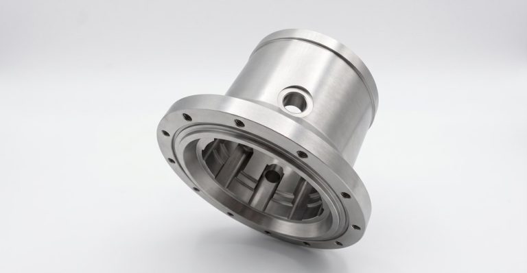 Machined metal housing with flange and internal features