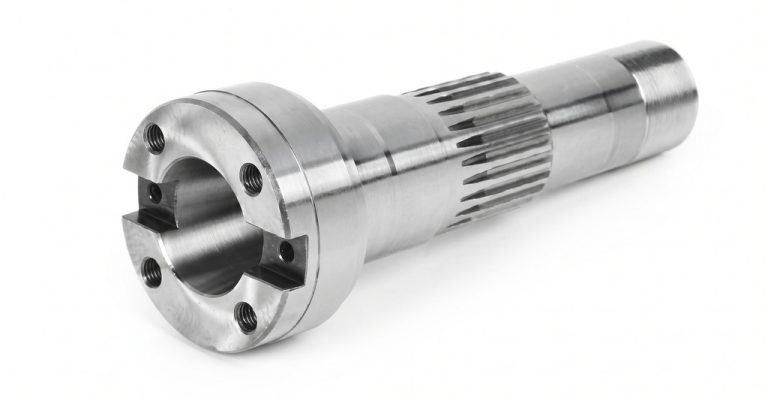 Precision machined metal shaft with splines and mounting holes