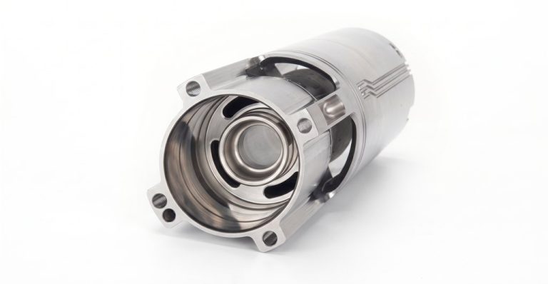 Precision machined metal housing with internal bores and mounting holes