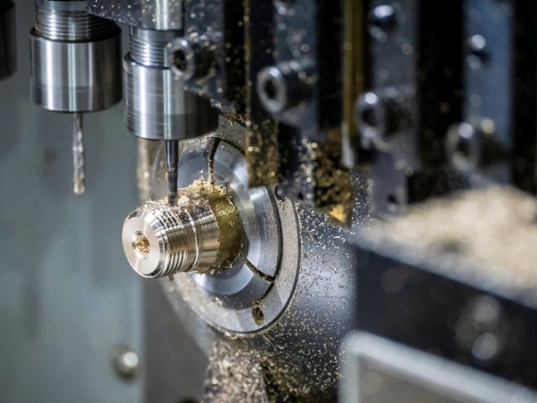 Swiss-type lathe turning a small brass part