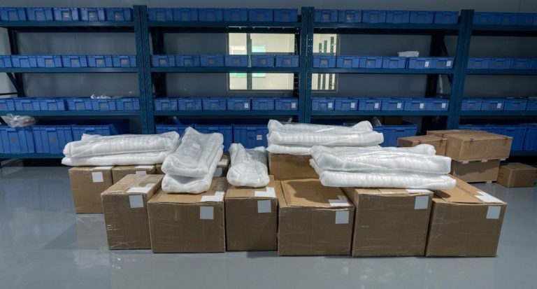 Wrapped machined parts stacked in cardboard boxes for shipping