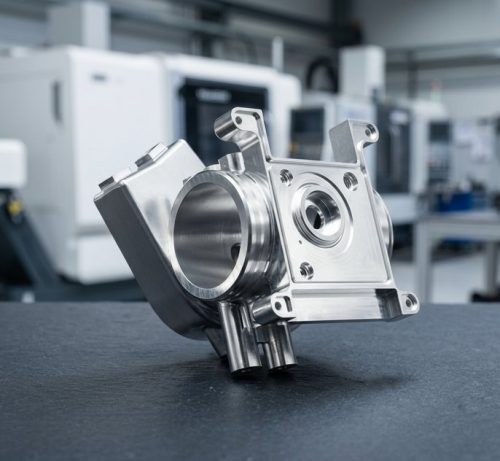 Passivated CNC machined stainless steel part on dark background