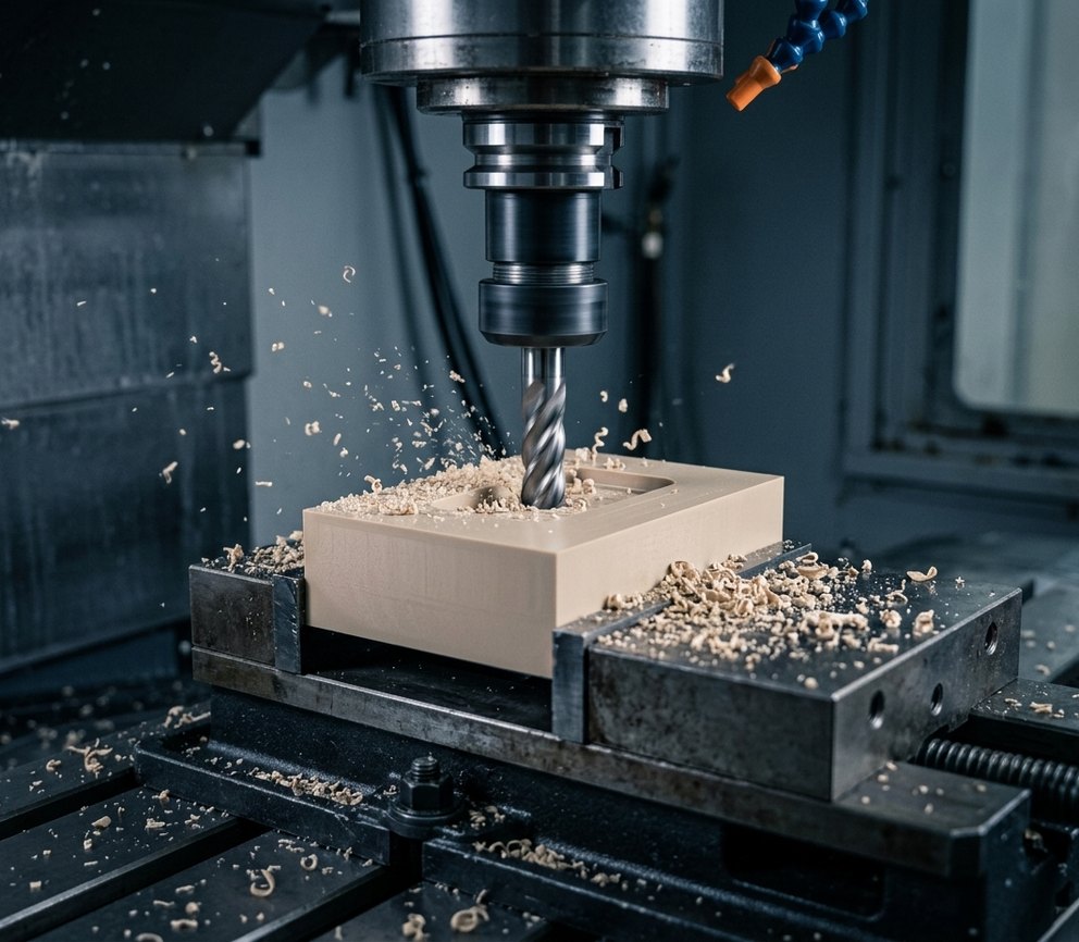 CNC milling cutter machining a PEEK plastic block