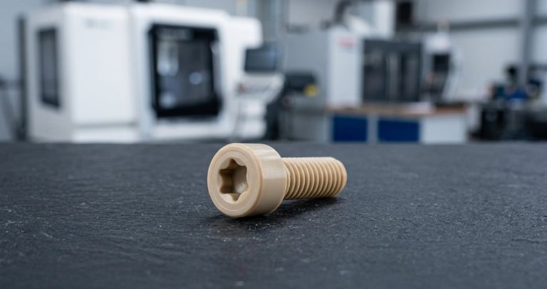Machined PEEK fastener showing precision thread detail