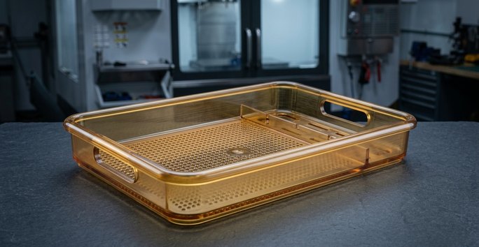 Ultem PEI sterilization tray on dark workbench surface