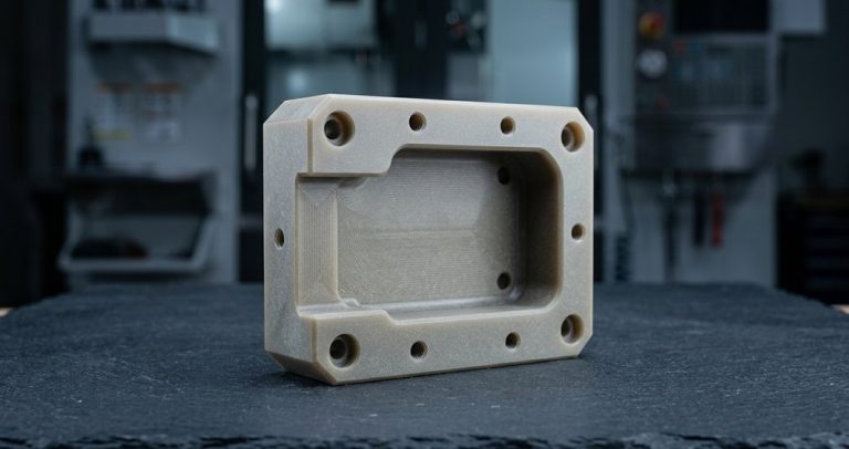 Glass-filled Ultem 2300 machined block on dark surface