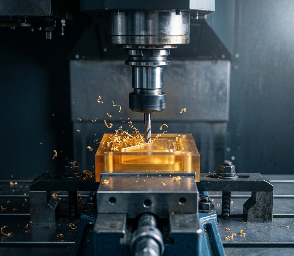 CNC milling Ultem PEI block with end mill cutting