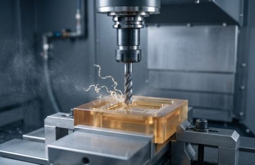 CNC milling PEI Ultem 1000 plastic block with end mill