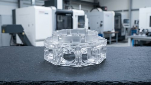 Transparent CNC machined plastic part illustrating plastic melting point