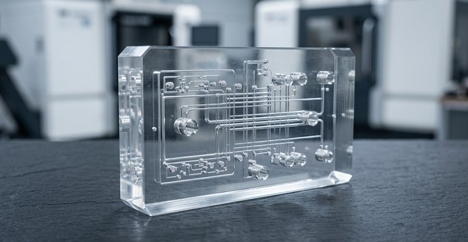 Clear acrylic microfluidic manifold machined for medical lab use