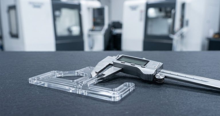 Precision caliper inspection of machined acrylic part tolerance