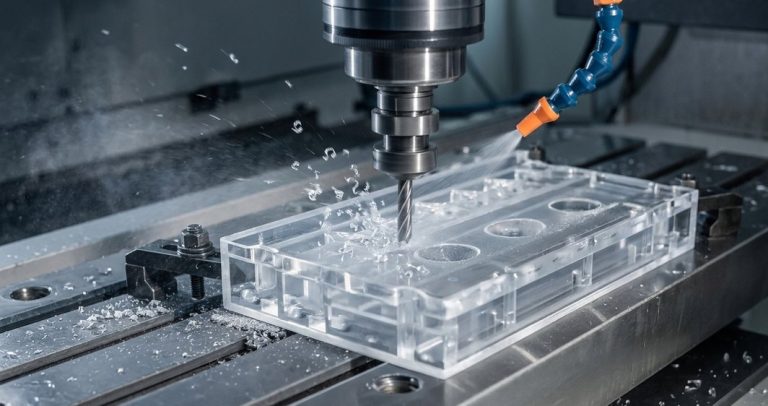 Sharp tooling cutting acrylic with air-blast cooling on CNC mill