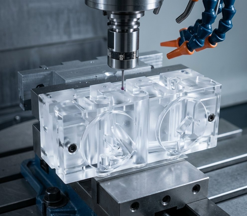 CNC mill cutting clear acrylic manifold with internal channels