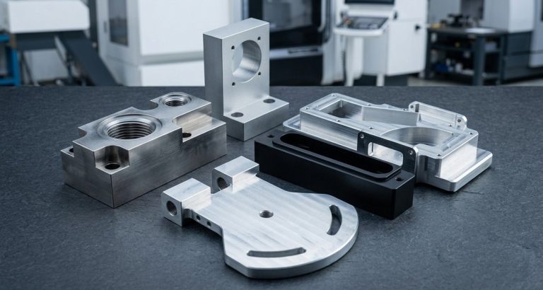Mirror and satin polished aluminum CNC machined parts on table
