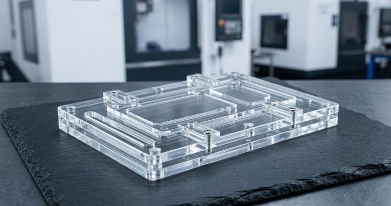 Annealed polycarbonate parts shown stress-free on worktable