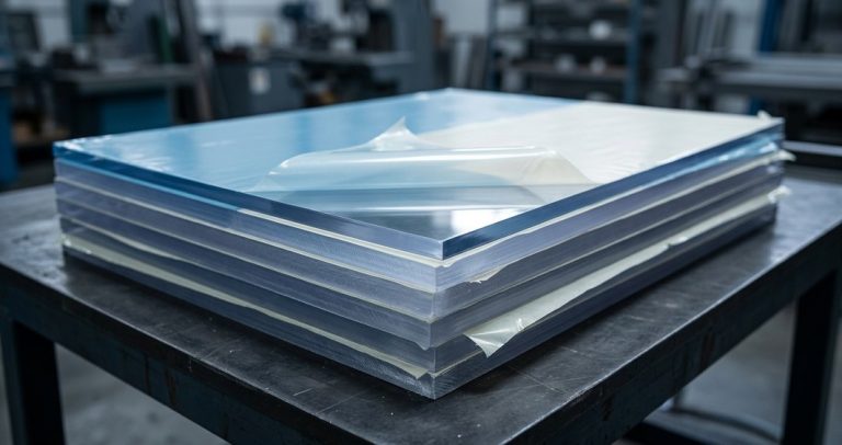 Raw clear polycarbonate sheet stock before CNC machining