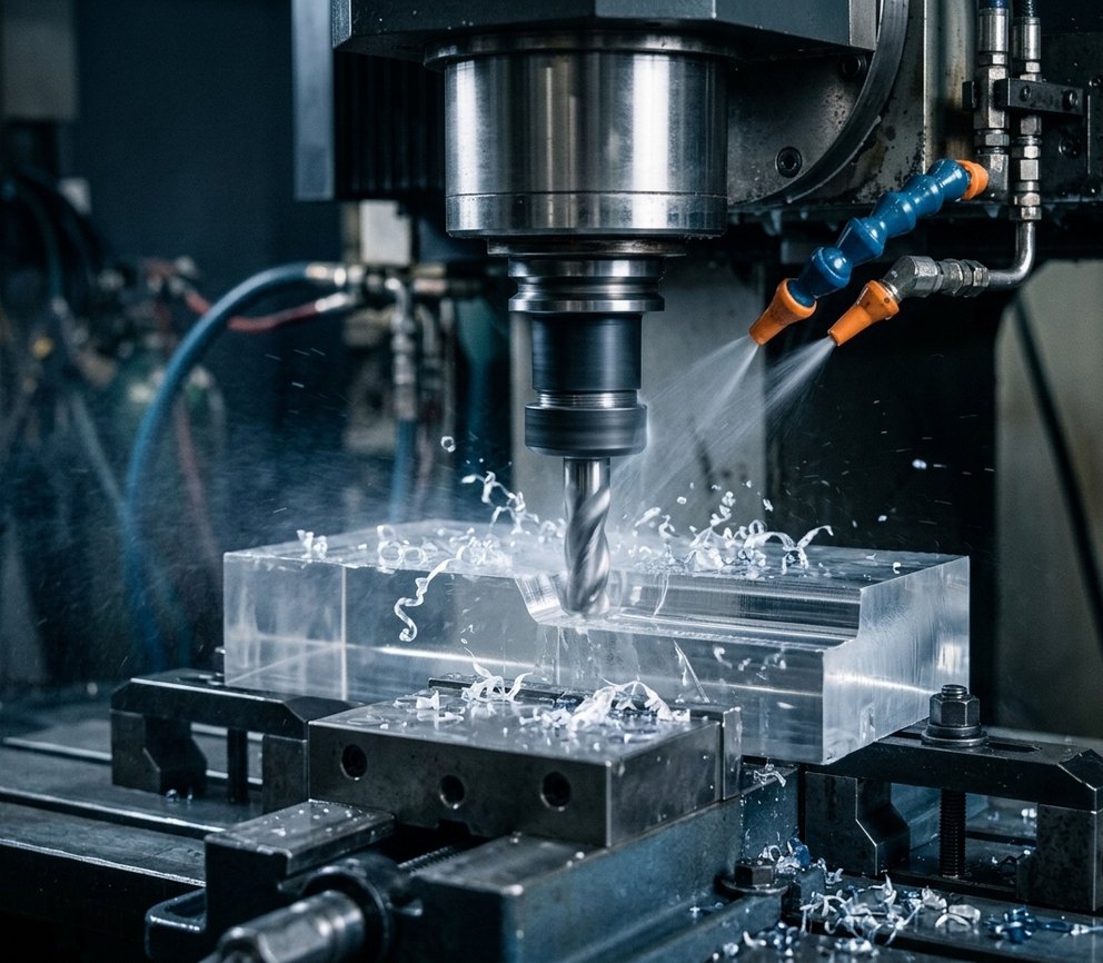 CNC milling machine cutting clear polycarbonate block