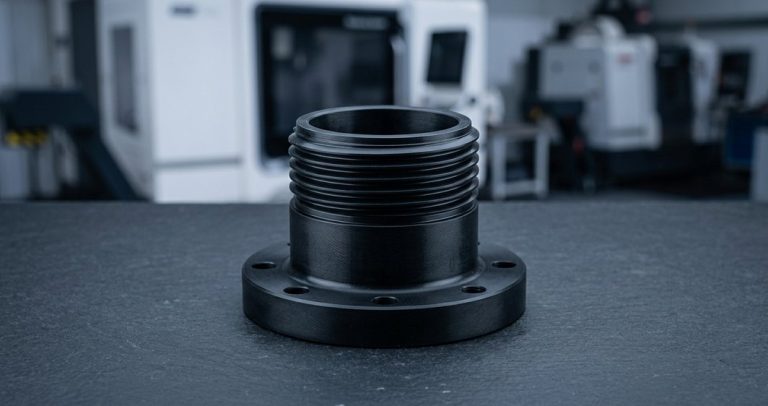 HDPE threaded tank fitting machined part on table