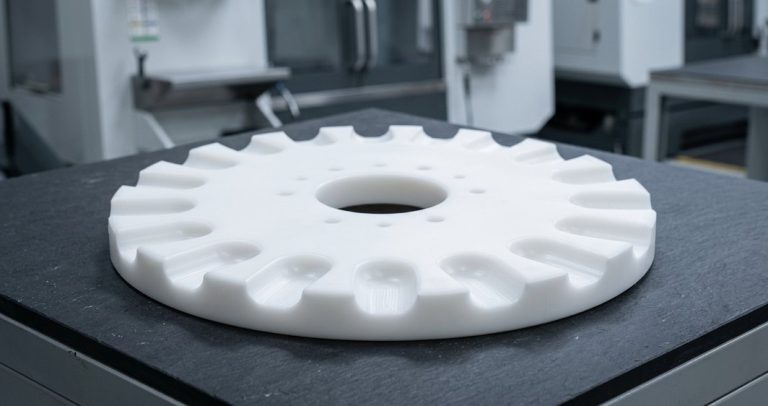 UHMW-PE star wheel machined part on dark table