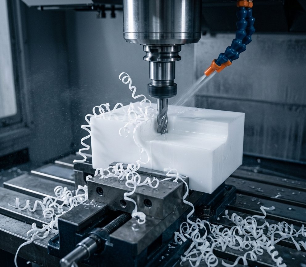 CNC milling HDPE block with curly plastic chips