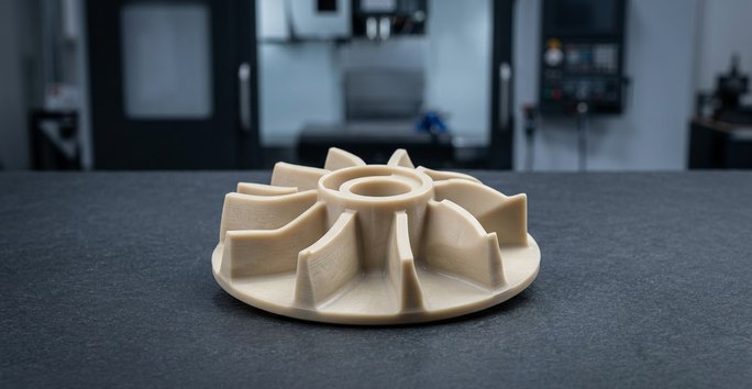 Tan POM Delrin impeller part with machined vanes