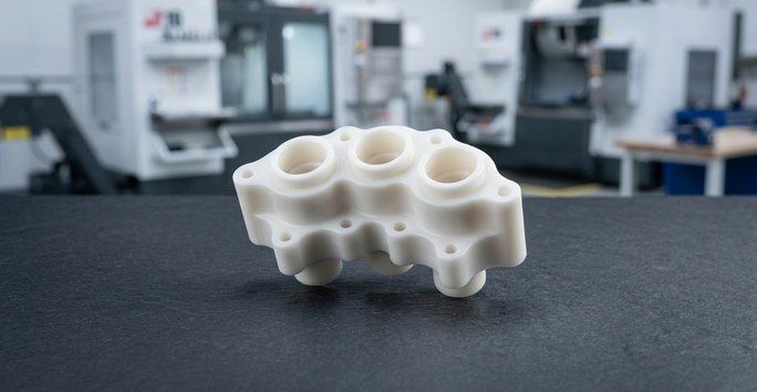 White POM Delrin manifold block with machined bores