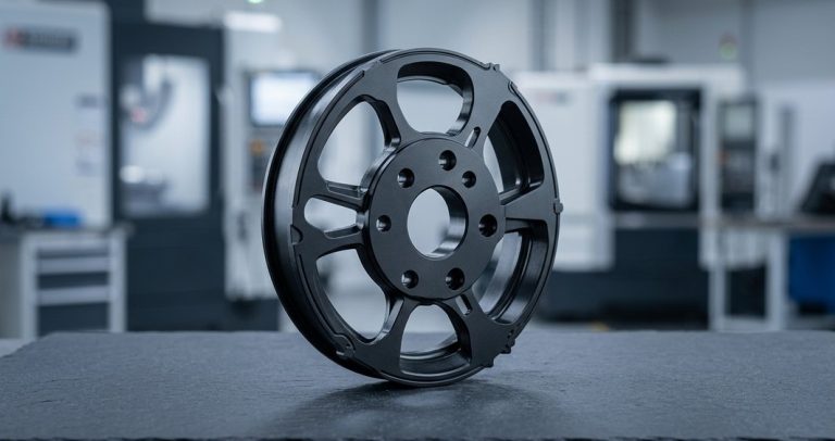 Black POM Delrin pulley wheel machined with spokes