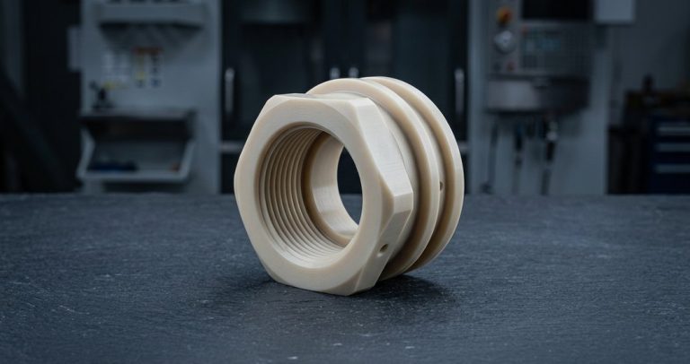 Tan POM Delrin threaded fitting machined on CNC lathe