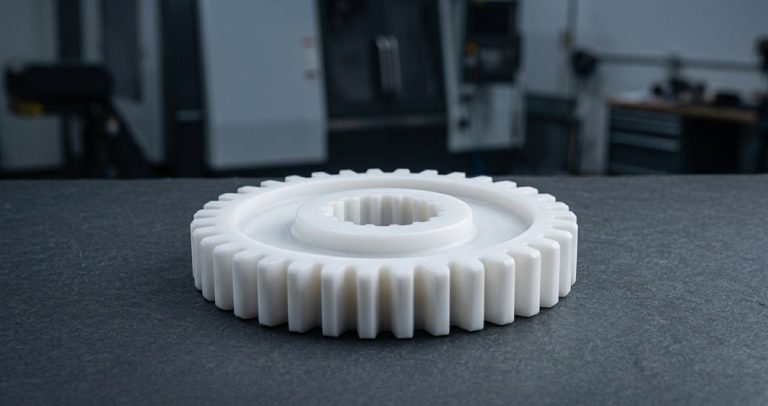 White POM Delrin gear with machined teeth on worktable