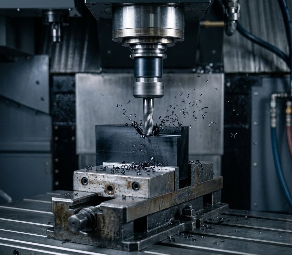CNC milling machine cutting black POM Delrin workpiece