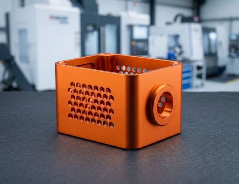 Orange powder coated aluminum housing with honeycomb vents