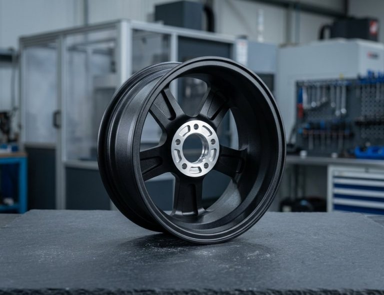 Powder coated silver aluminum wheel rims in workshop