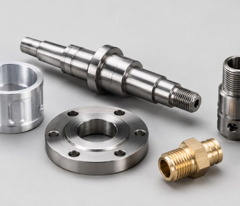 Precision machining services finished stainless steel flange on worktable