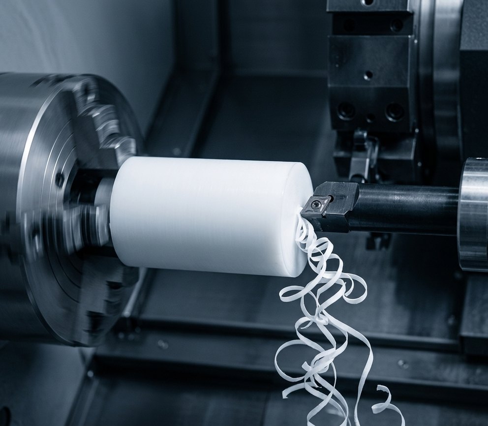 CNC lathe turning white PTFE rod during machining