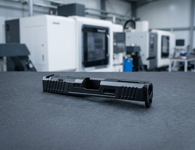 Black PVD coated firearm slide on dark workbench