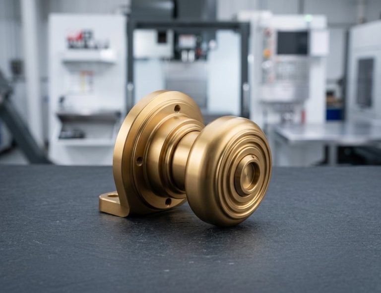 Brass-look PVD coated knob on dark workshop surface