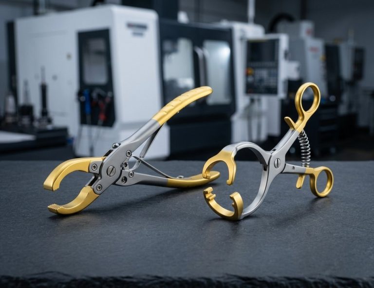 TiN coated surgical scissors and forceps on dark surface