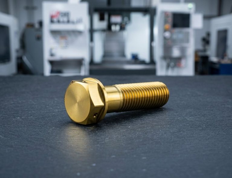 TiN coated titanium aerospace fastener on dark table