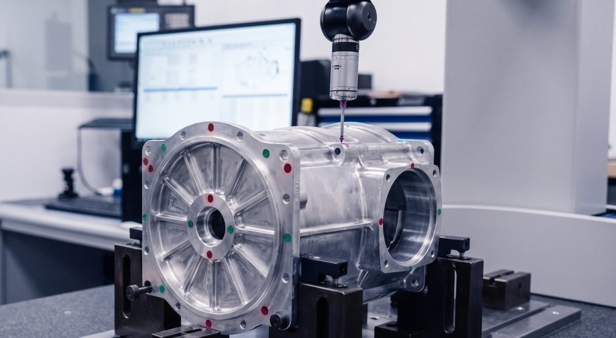 CMM inspecting machined aluminum housing for quality system compliance
