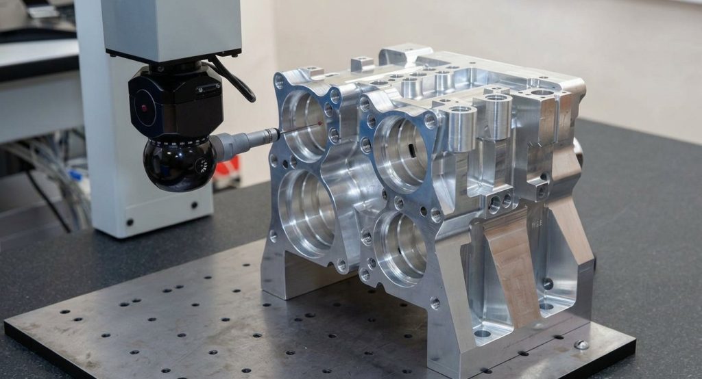 CMM probe measuring machined engine block on inspection table