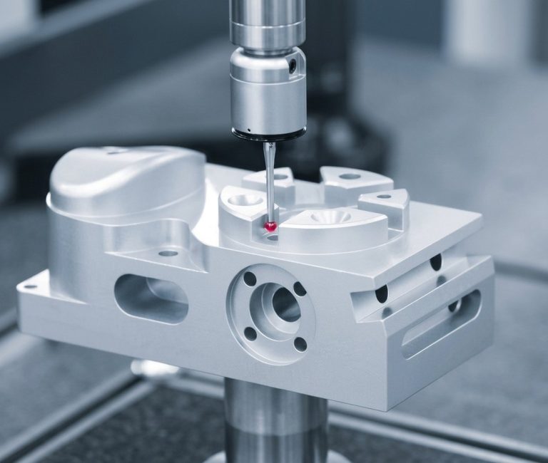 CMM probe touching precision machined aluminum part surface