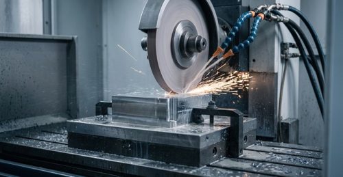 Precision grinding machine finishing a hardened steel prototype part