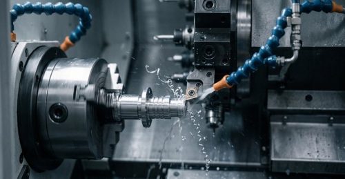 Swiss turning lathe machining a slender stainless steel fitting