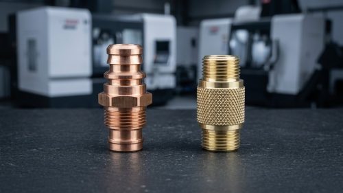 Red brass and yellow brass CNC turned parts compared side by side
